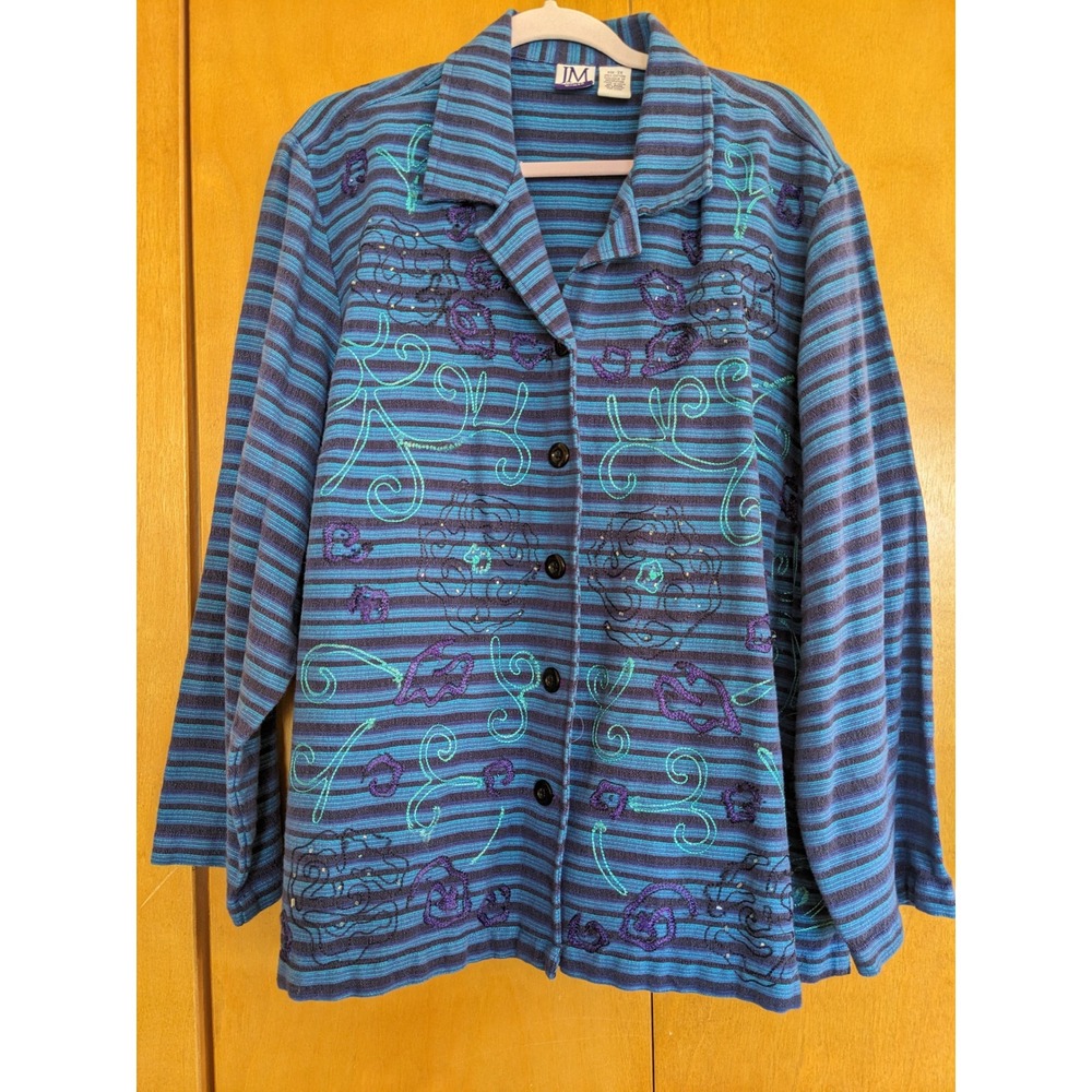 JM Collection Woman Blue Purple Striped Embroidered Button Front Cotton Jacket3X
